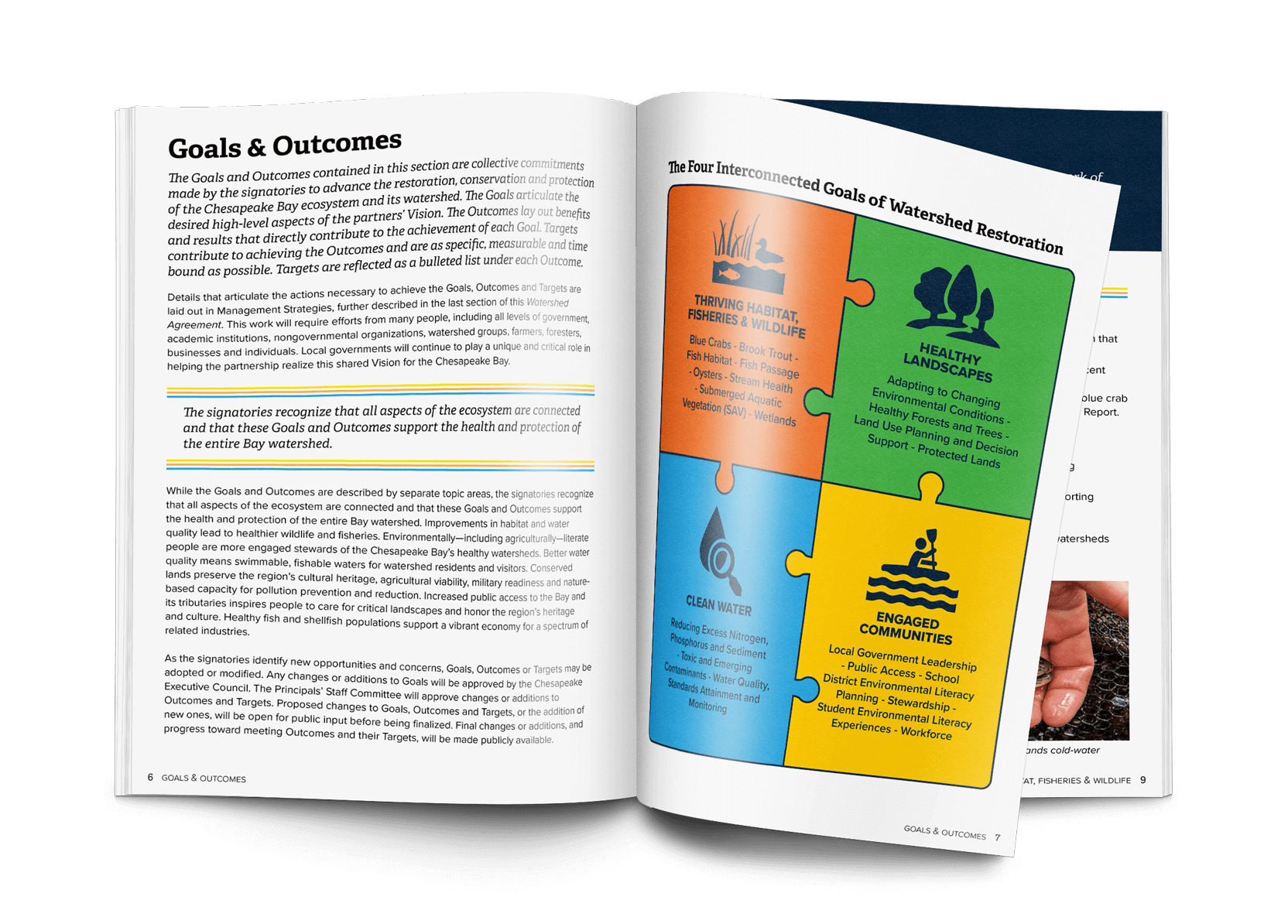 Page spread with puzzle graphic showing interconnected goals and outcomes